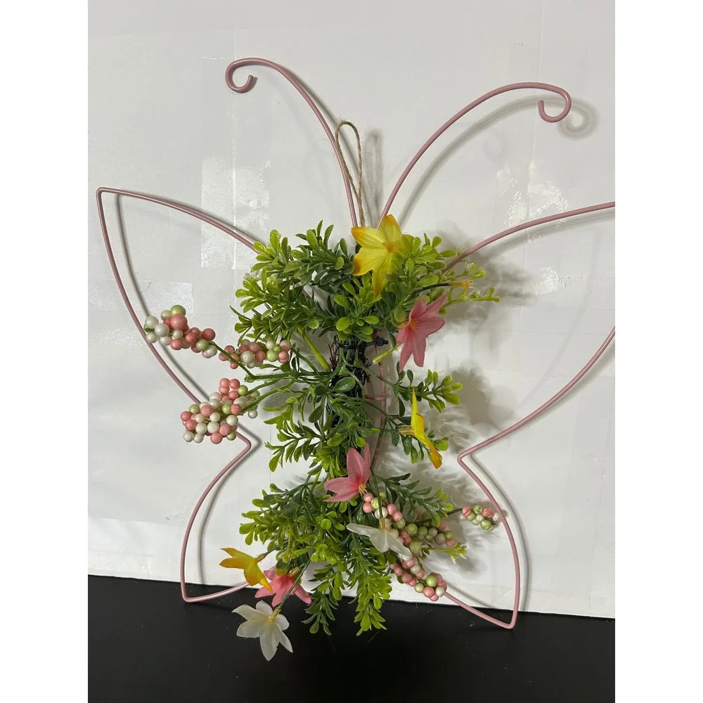 Butterfly Wall Decor Pink Metal Wire Floral Spring Wreath Faux Berries Home